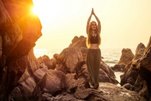 stylish redheaded chestnut blonde young girl in indie bohemian bo-ho style clothes